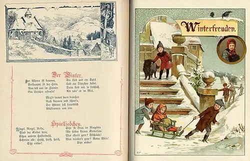 Altes Kinderbuch Kinderlieder Spiele Sprüche und Reime Farb Lithografie 1902