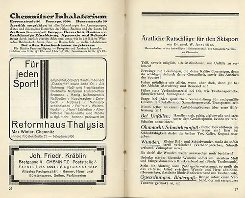 Sachsen Chemnitz Erzgebirge Wintersport Ski Touren Karte Wanderbuch 1927