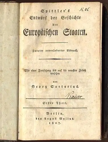 Europa Geschichte der Europäischen Staaten Freiherr von Spittler Berlin 1807