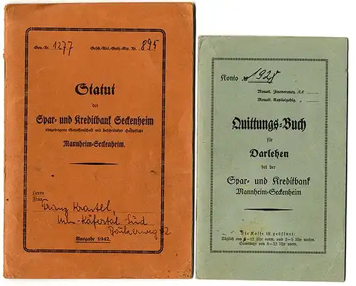 Baden Mannheim Seckenheim Darlehen und Kreditbank Statut Quittungsbuch 1928