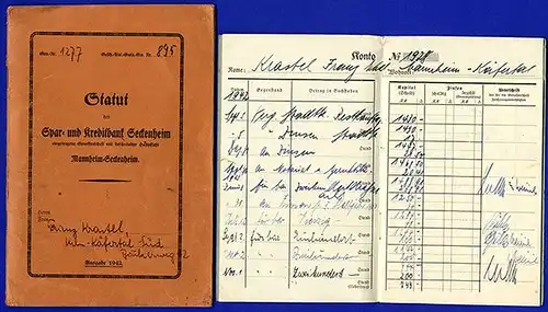 Baden Mannheim Seckenheim Darlehen und Kreditbank Statut Quittungsbuch 1928