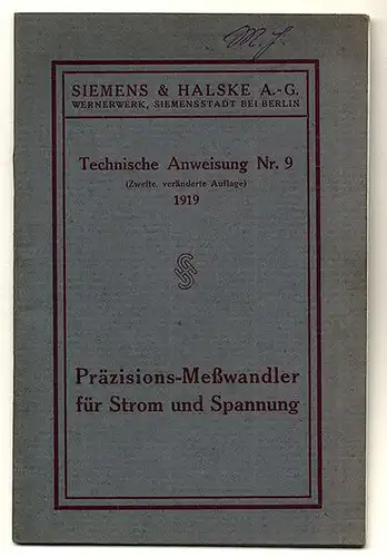 Berlin Siemens Elektrotechnik Meßwandler für Strom Anlagen Handbuch 1919 
