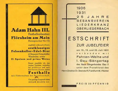 Hessen Taunus Oberliederbach 25 Jahre Gesang Verein Festschrift von 1931