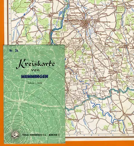 Allgäu Schwaben Memmingen Lautrach Stadt und Landkreis farbige Karte 1954