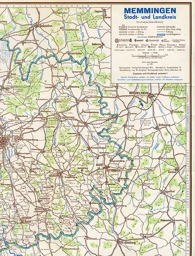 Allgäu Schwaben Memmingen Lautrach Stadt und Landkreis farbige Karte 1954