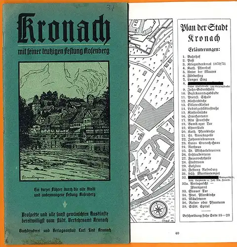 Bayern Franken Kronach Stadt Festung Rosenberg Geschichte Führer Stadtplan 1932