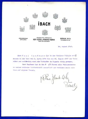 Berlin Königliche Piano Fabrik Ibach mit Original Autograf Urkunde Zeugnis 1909