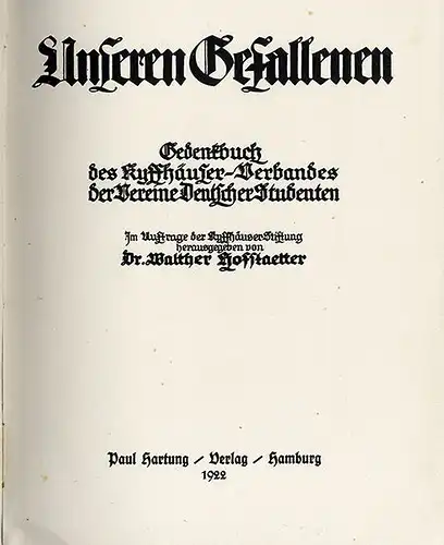 Deutschland Studentika Weltkrieg Tote Gedenkbuch des Kyffhäuser Verbandes 1922