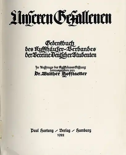 Deutschland Studentika Weltkrieg Tote Gedenkbuch des Kyffhäuser Verbandes 1922 
