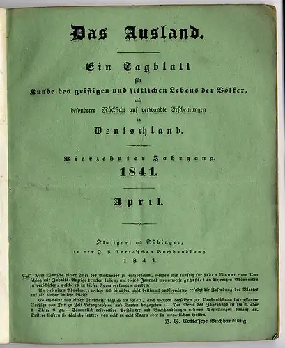 Rarität Das Ausland Welt Nachrichten Tageblatt Zeitung April 1841 komplett 