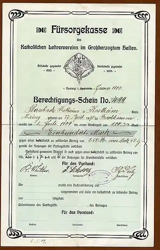 Großherzogtum Hessen Mainz Kostheim Urkunde Fürsorge Kasse Lehrer Verein 1905