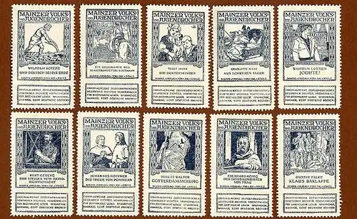 Mainz Scholz Verlag 39 alte Reklamemarken für Kinder und Jugendbücher 1910