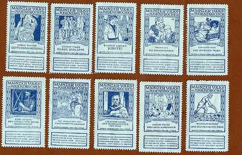 Mainz Scholz Verlag 39 alte Reklamemarken für Kinder und Jugendbücher 1910