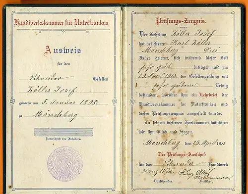 Bayern Handwerkskammer Unterfranken Ausweis Schneider Gesellenbrief Zeugnis 1912