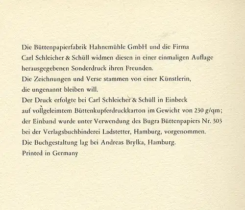 Buchdruck Kunst Liederabend Festgabe Büttenpapier Fabrik Hahnemühle Einbeck 1965