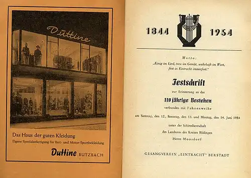 Hessen Wetterau Wölfersheim 110 Jahre Gesangverein Berstadt Festschrift 1954