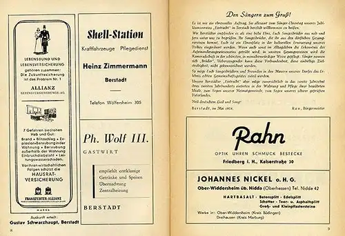 Hessen Wetterau Wölfersheim 110 Jahre Gesangverein Berstadt Festschrift 1954