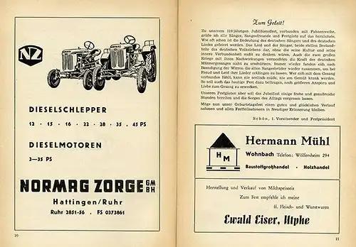 Hessen Wetterau Wölfersheim 110 Jahre Gesangverein Berstadt Festschrift 1954