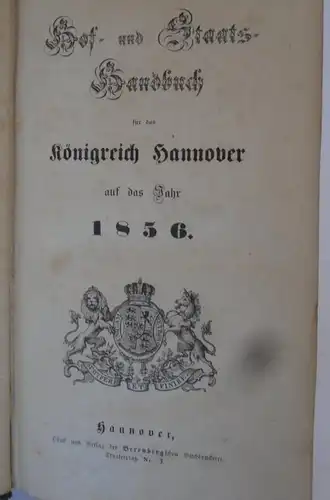 Königreich Hannover Adel Militär Verwaltung Ämter Güter Post Handbuch 1856