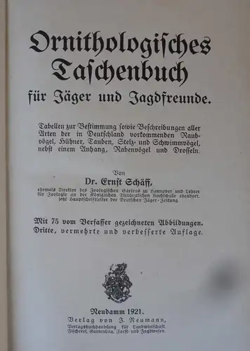 Deutschland Ornithologie Vogelkunde für Jäger und Jagdfreunde Buch 1921