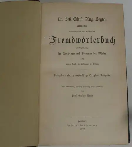 Deutsch Fremdwörterbuch Aussprache Betonung Heyse Halbleder Hannover 1875