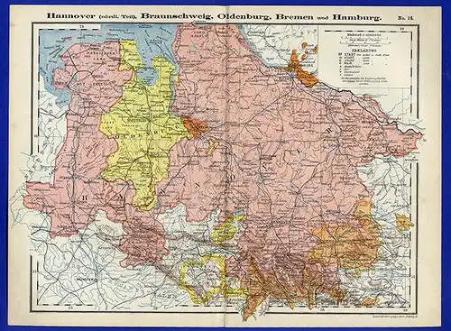 Alte Landkarte Königreich Hannover Herzogtum Oldenburg Bremen Hamburg 1890