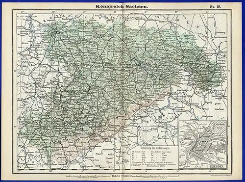 Alte Landkarte Deutsche Länder Königreich Sachsen Leipzig Bautzen Dresden 1890 