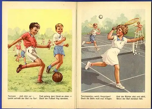 Kinder Bilderbuch Sport Spiel Fussball Schwimmen Tennis Fahrrad 1930