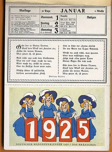 Das Kränzchen Deutscher Mädchen Kalender für Jahr 1925 komplett vollständig 