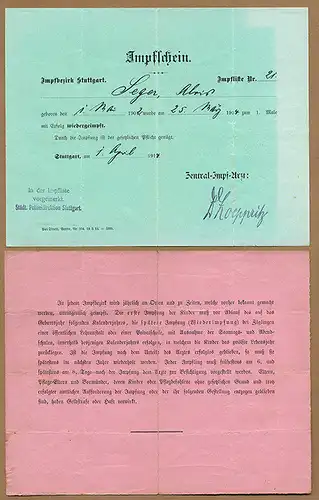 Württemberg Polizei Direktion Stuttgart alter Kinder Impfschein Ausweis 1904