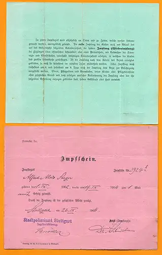 Württemberg Polizei Direktion Stuttgart alter Kinder Impfschein Ausweis 1904