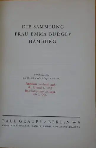 Hamburg Kunst Handwerk Porzellan Bronze Silber Sammlung Emma Budge Katalog 1937