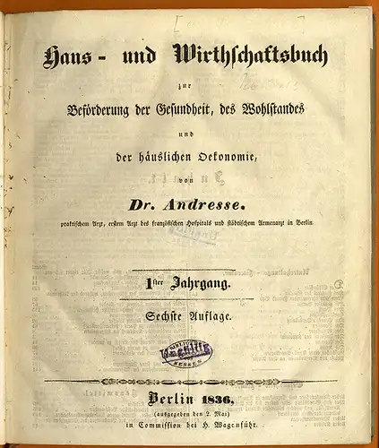 Berlin Gesundheit Hygiene Küche Wäsche Hauswirtschaft Journal Zeitschrift 1835