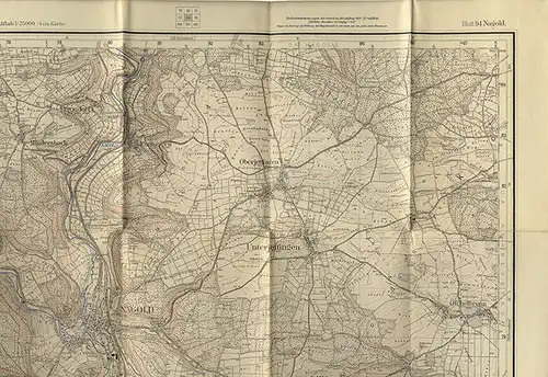 Landkarte Württemberg Schwarzwald Nagold Mötzingen Ebhausen Schietingen 1929