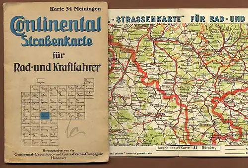 Thüringen Rhön Meiningen Continental Radfahrer Auto Straßen Karte um 1930