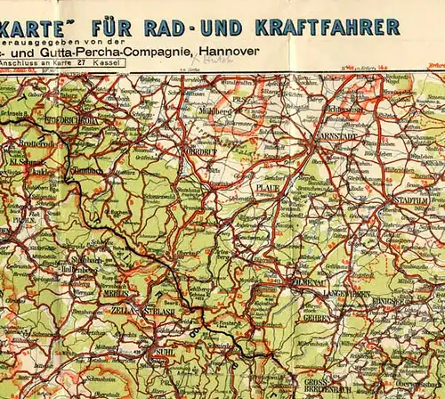 Thüringen Rhön Meiningen Continental Radfahrer Auto Straßen Karte um 1930