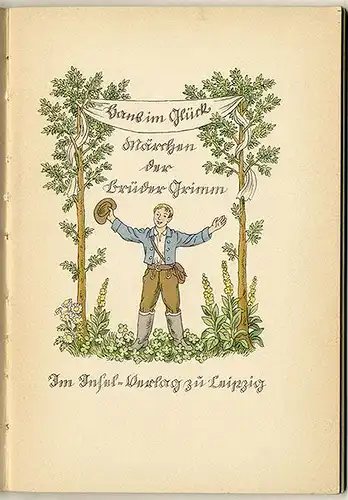 Altes Kinderbuch Brüder Grimm Märchen Hans im Glück Kunst Grafik Insel 1938