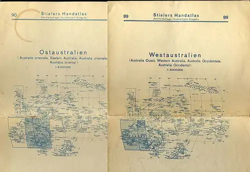 Alte Landkarten Australien Westaustalien Ostaustralien Stieler Atlas 1925