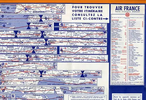 Werbung Reklame Luftfahrt Flugzeug Air France Europa Strecken Karte 1954