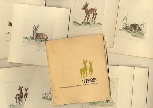 Wald Tiere Original Kunst Grafik Blätter handkoloriert signiert Isy Wagner 1936