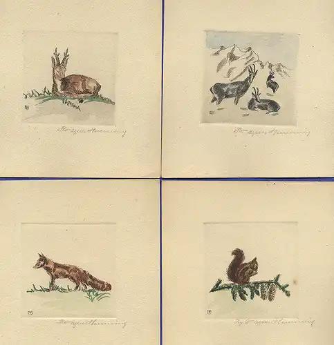 Wald Tiere Original Kunst Grafik Blätter handkoloriert signiert Isy Wagner 1936