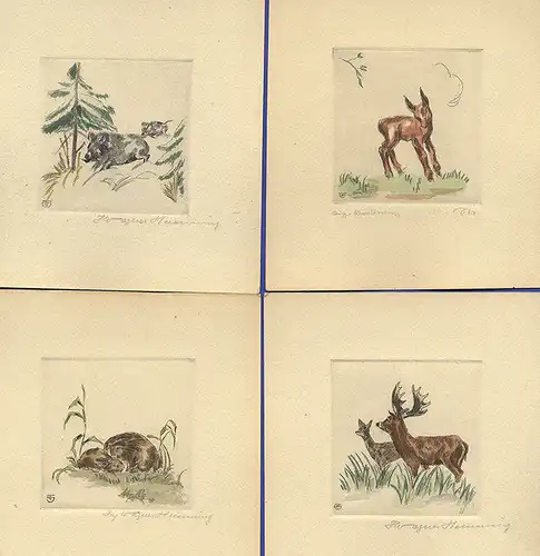 Wald Tiere Original Kunst Grafik Blätter handkoloriert signiert Isy Wagner 1936