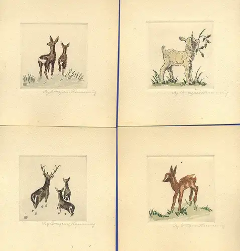 Wald Tiere Original Kunst Grafik Blätter handkoloriert signiert Isy Wagner 1936