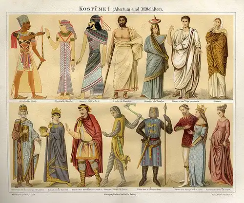 Antike Mittelalter Barock Mode Kleider Kostum 3 alte Farblitho Tafeln um 1895