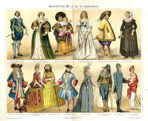 Antike Mittelalter Barock Mode Kleider Kostum 3 alte Farblitho Tafeln um 1895
