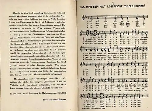 Österreich Tirol Vorarlberg Musik Heimat Volkslieder Chor Buch 1943