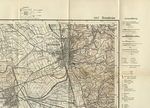 Landkarte Hessen Bergstraße Bensheim Lorsch Heppenheim Laudenbach 1949