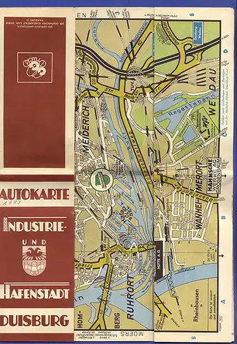 Rhein Westfalen Duisburg Auto Straßenkarte Stadtplan Prospekt 1953