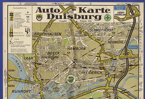 Rhein Westfalen Duisburg Auto Straßenkarte Stadtplan Prospekt 1953