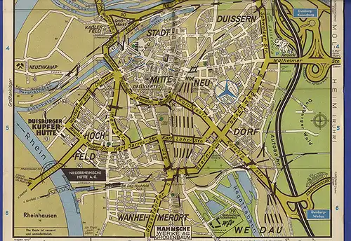 Rhein Westfalen Duisburg Auto Straßenkarte Stadtplan Prospekt 1953